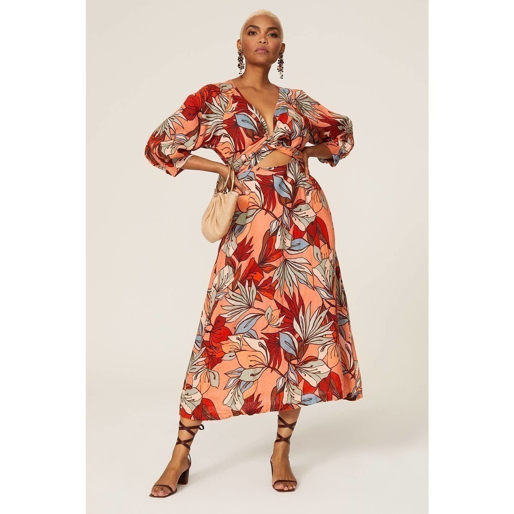 Nicholas Asilah Tropical Floral Print Orange Tie Front V-Neck Midi Dress Size 10 - Picture 2 of 8